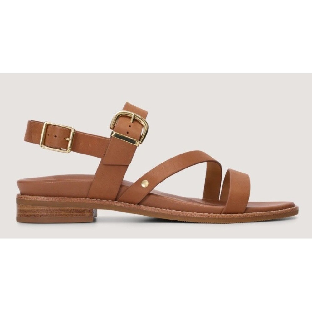 Bared Trumpeter Sandals Women 40 Tan Excellent Leather Strappy Gold Buckle